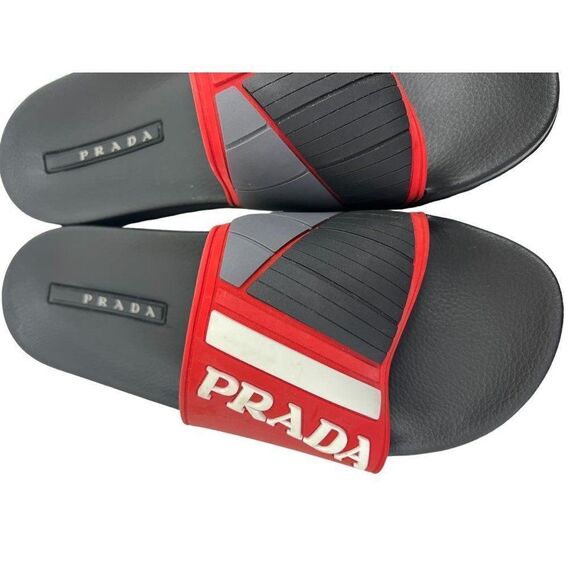PRADA Sport Men's Black & Red Rubber White Logo Sandal Slides Size 10 - Picture 7 of 12